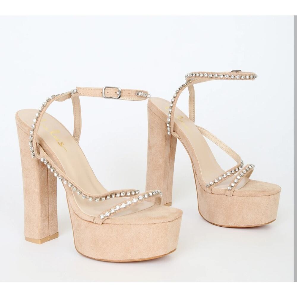 LULUS Pink Suede Crystal Rhinestone Chunky Platform Heels Shoes Women's 10